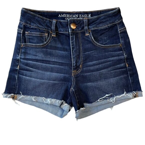 AMERICAN EAGLE Hi-Rise Shortie Super Stretch Rolled Hem Jean Shorts - Size 6 - Picture 1 of 6